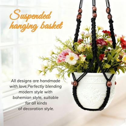 HOREAKHJ 35 Inch Macrame Plant Hanger, Large for up to 15 Inch Pot Extra Long Hanging Planter Holder Basket with Wood Beads for Indoor Outdoor Home Decor (Black, 1-Pack)