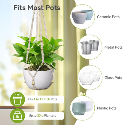 USLAI Macrame Plant Hanger Indoor Outdoor, Fits 4 to 15 Inch Pots, Strong Hanging Planter Holder, Boho Home Decor, 35 Inch, Ivory, Set of 2 (POTS NOT Included)