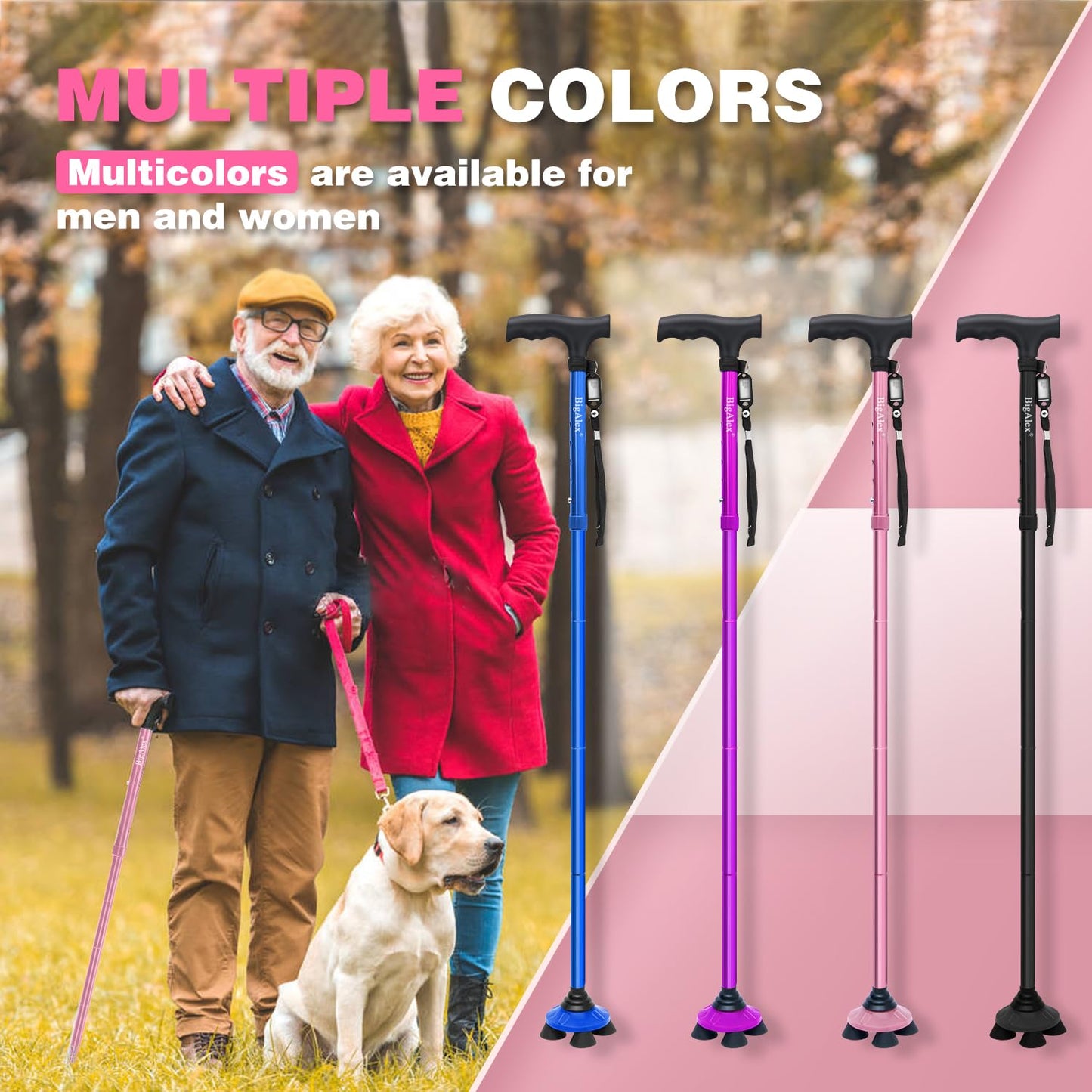 BigAlex Folding Walking Cane for Elderly Adjustable & Portable Walking Stick for Seniors,Pivoting Quad Base,Lightweight,Collapsible with Carrying Bag for Men/Woman