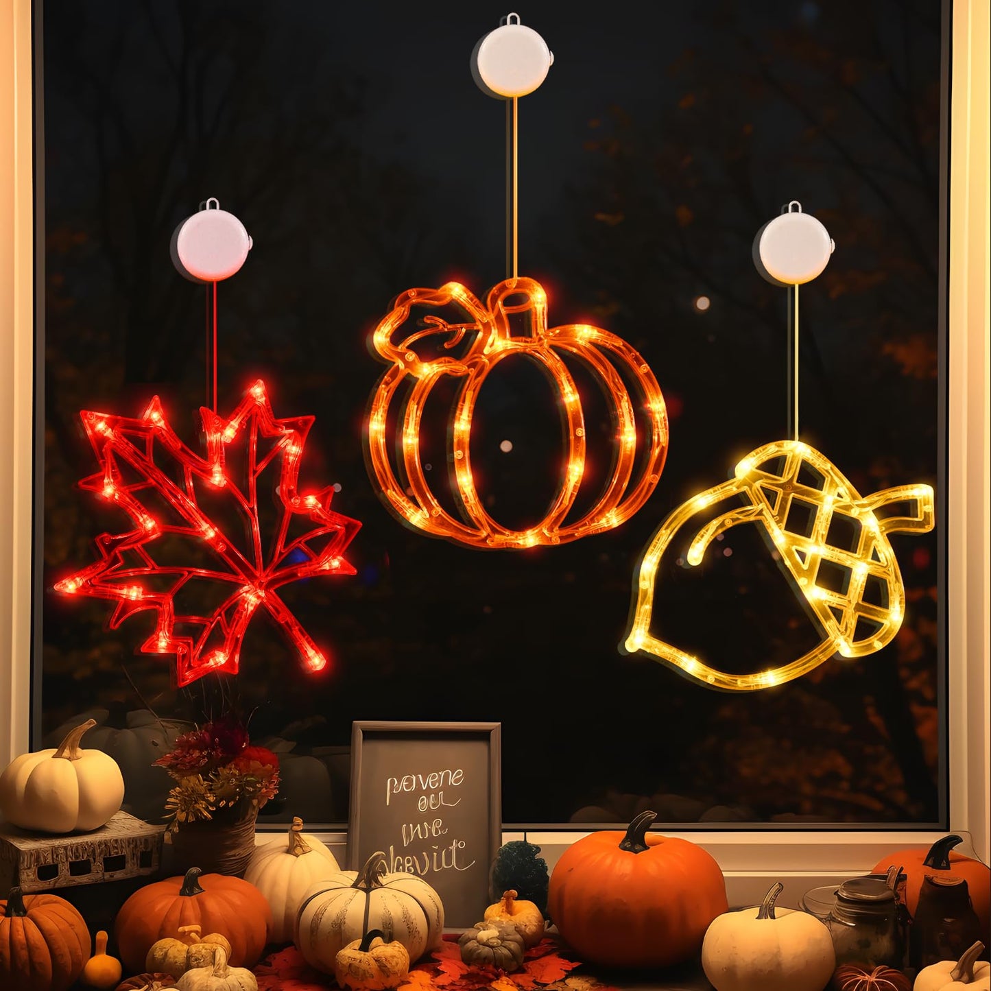 LOLStar Fall Decor Window Lights 2026 Thanksgiving Decorations Acorn Maple Leaves Pumpkin LED Lights with Suction Cups Battery Operated(Exclusive) Slow Fade Mode Timer Autumn Decorations for Home