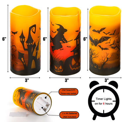 Hbaushun Halloween Flameless Candles 3 Pack with 6 Hour Timer,Battery Operated Real Wax LED Pillar Flickering Candles Warm Light with Castle, Witch, Bats Decal Halloween Decorations Candles