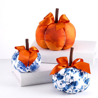 Frienda 3 Pcs Blue White Orange Fabric Pumpkins Chinoiserie Thanksgiving Decor Rustic Pumpkins Blue and White Porcelain Faux Fall Decor for Autumn Harvest Farmhouse Wedding Table Centerpiece Mantel