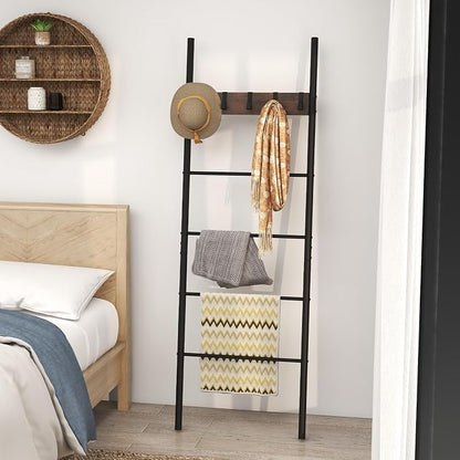 S AFSTAR Wall Leaning Blanket Ladder, 5-Tier Ladder Shelf with 5 Removable Hooks, Industrial Blanket Holder Rack, Drying and Display Rack for Bathroom, Living Room, Entrance, Rustic Brown