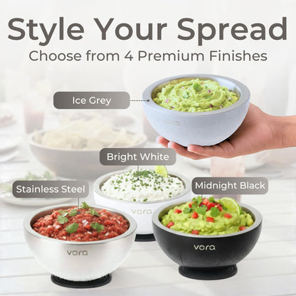 Vora 18oz Dip Chiller Bowl | Iced Grey Stainless Steel Chilled Dip Bowl for Dips, Guacamole, Hummus, Salsa | Insulated Serving Dishes with Easiest Water Fill & Refillable Chamber