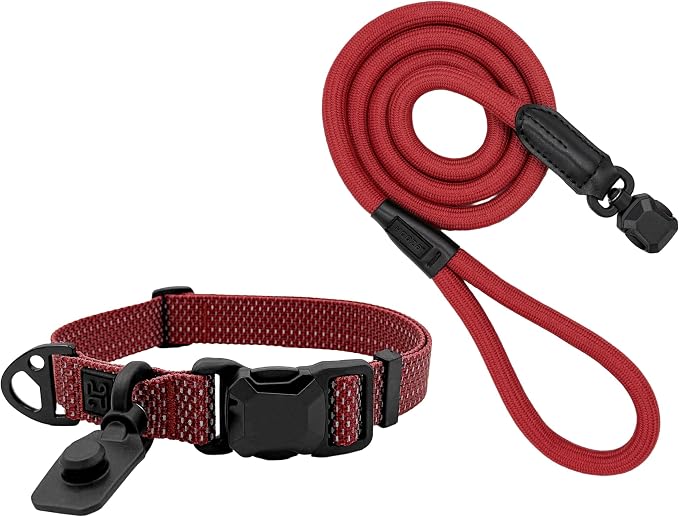Quick Clip Dog Collar & Rope Leash Set, Red Medium – Magnetic Buckle, Reflective