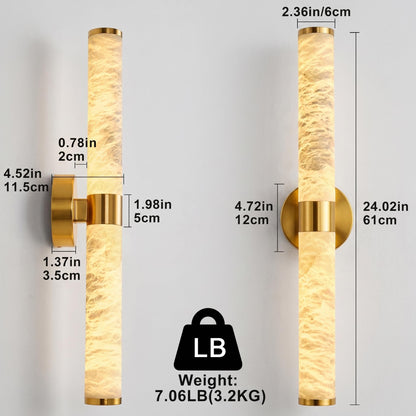 OSRoyce Alabaster Wall Sconces, 24" Brass Wall Sconce, Cylinder Natural Spanish Marble Sconces Wall Lighting, Modern Gold Dimmable Wall Lights for Living Room Bedroom Bathroom Stairs Hallway Entryway