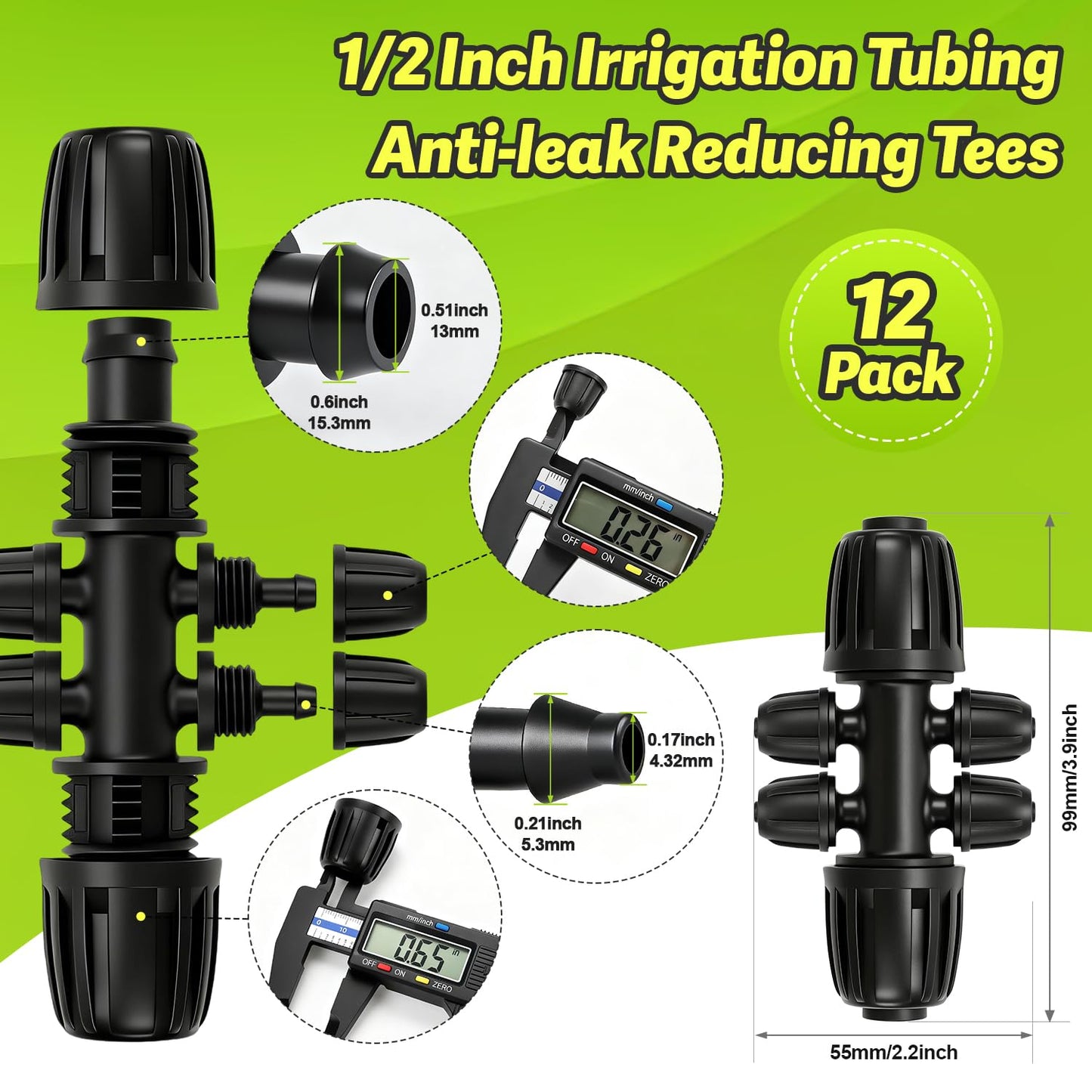 Copadri 12 Pcs 1/2 Inch To 1/4 Inch Irrigation Tubing Fittings, 1/2"(1/2" ID x 0.65" OD) To 1/4" Drip Barbed Tee Adapter 16mm Anti-Drop Locked Nut T Reducer To 1/4" Distribution Line Connector