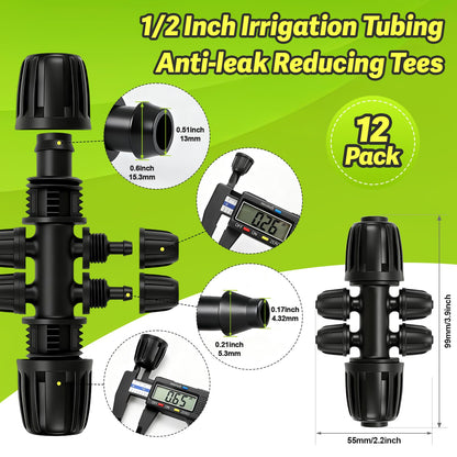 Copadri 12 Pcs 1/2 Inch To 1/4 Inch Irrigation Tubing Fittings, 1/2"(1/2" ID x 0.65" OD) To 1/4" Drip Barbed Tee Adapter 16mm Anti-Drop Locked Nut T Reducer To 1/4" Distribution Line Connector