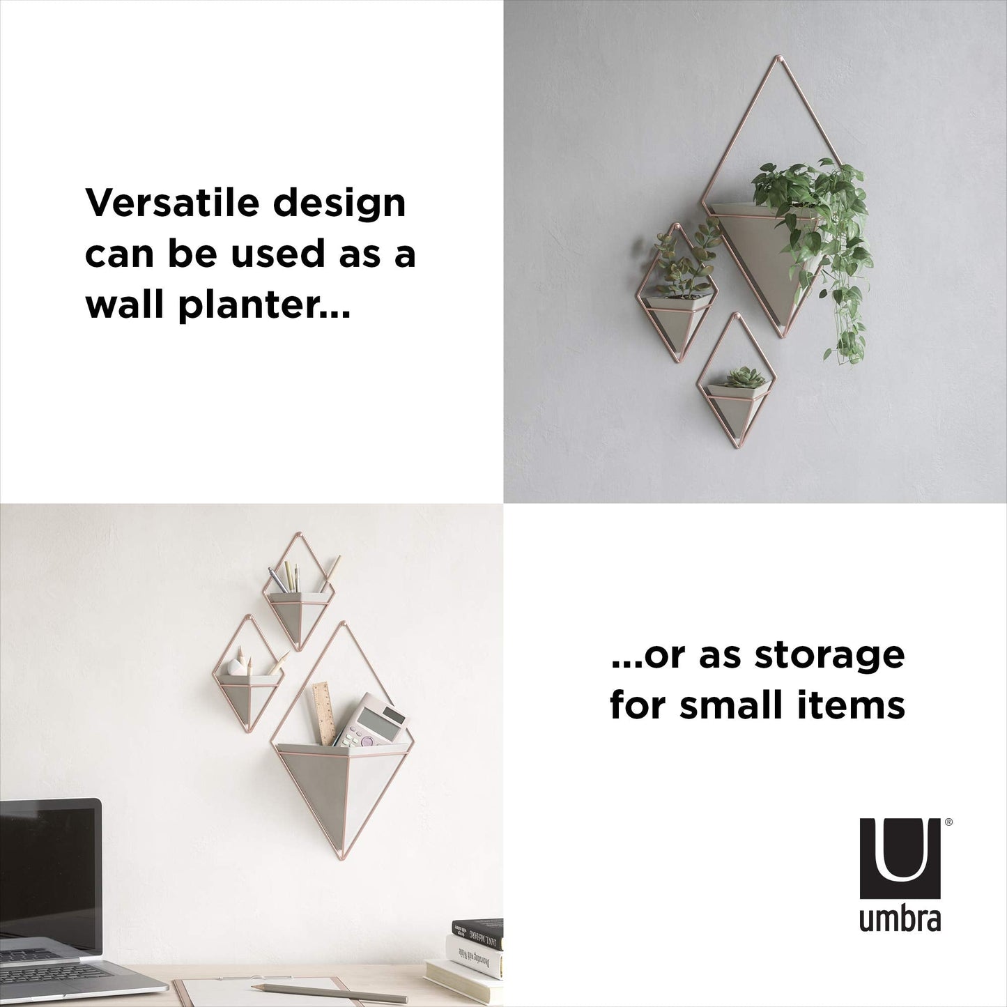 Umbra Trigg Hanging Planter Vase Wall Decor, Pot and Container for Succulents, Cactus, Faux Plants, and More, Large, Grey/Copper