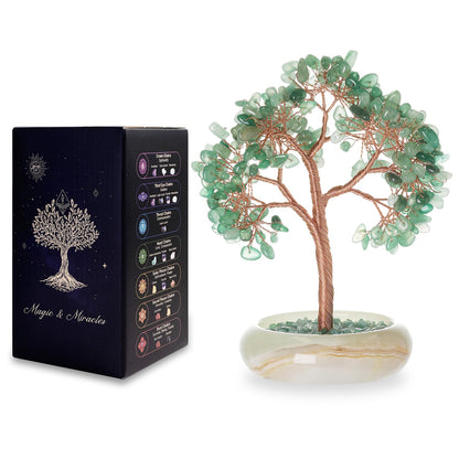 MAGIC AND MIRACLES Green Aventurine Healing Crystal Tree of Life Home Office Desk Decor, Bonsai Trees, Feng Shui Tree Money Good Luck Christmas Decor Spiritual Healing Birthday Gifts for Women, Mom