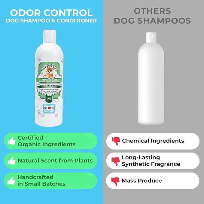 Pawtitas Dog Shampoo and Conditioner All Natural and Hypoallergenic Shampoo for Puppy Made with Certified Organic Natural Herbs Dog Conditioner - 16 Oz Dog Shampoo Made with Eucalyptus & Spearmint