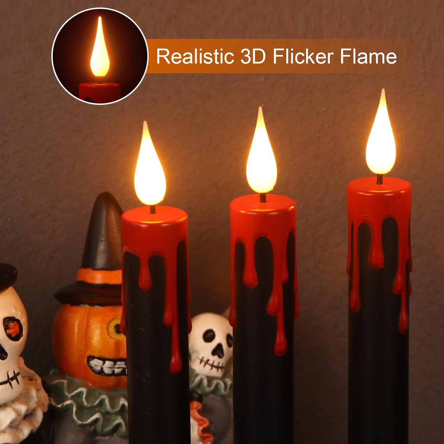 KunSwenn Halloween Flameless Taper Candles with Ghost Hand Candlesticks and Remote Timer, Black Led Taper Flickering Battery Operated Candles with 3D Flame for Halloween Spooky Decoration