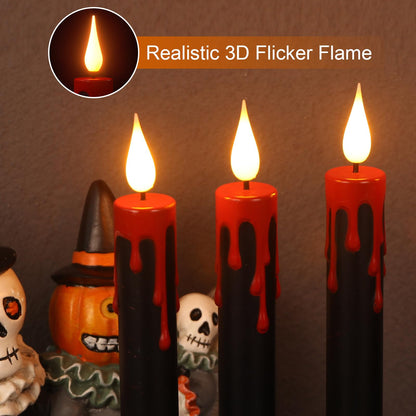 KunSwenn Halloween Flameless Taper Candles with Ghost Hand Candlesticks and Remote Timer, Black Led Taper Flickering Battery Operated Candles with 3D Flame for Halloween Spooky Decoration