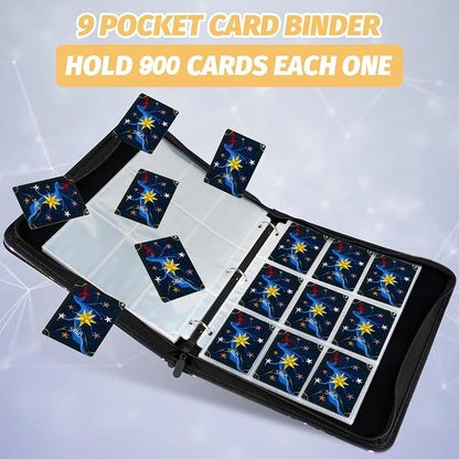 900 Pockets Round Ring Trading Card Binder, 9-Pocket Clear Zipper Card Album with Wrist Strap, Holds 900 Standard TCG & Sports Cards, Not Fit Top Loaders (Carbon Dark blue)