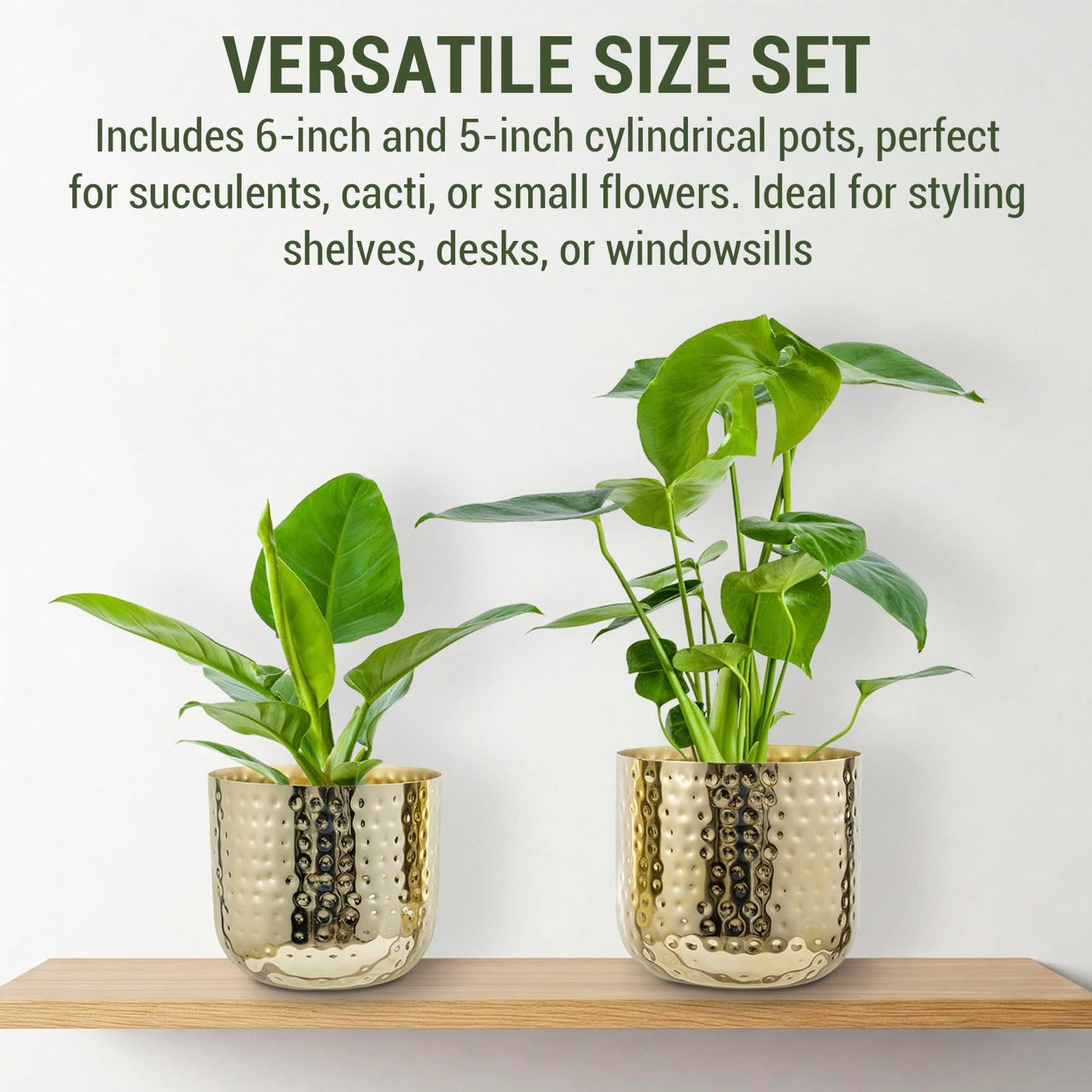 MyGift Modern Hammered Brass Plated Metal Planter Pots – Set of 2 Indoor Plant Containers, 6 & 5-Inch Cylindrical Metallic Planters – Handcrafted in India