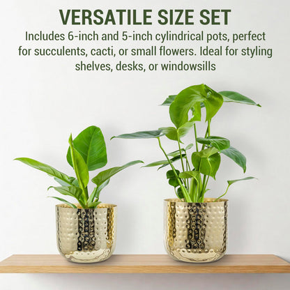 MyGift Modern Hammered Brass Plated Metal Planter Pots – Set of 2 Indoor Plant Containers, 6 & 5-Inch Cylindrical Metallic Planters – Handcrafted in India