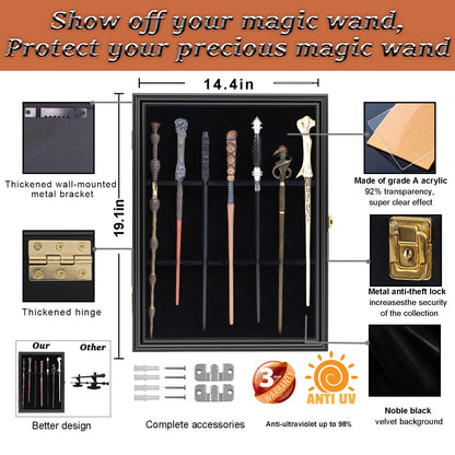 Grhonior 7 Wands Display case Universal Wizard Magic Wand Stand Wall Mount Lockable Wood magiquest Wand Vertical Hanging Holder Box Rack for Wand Collection