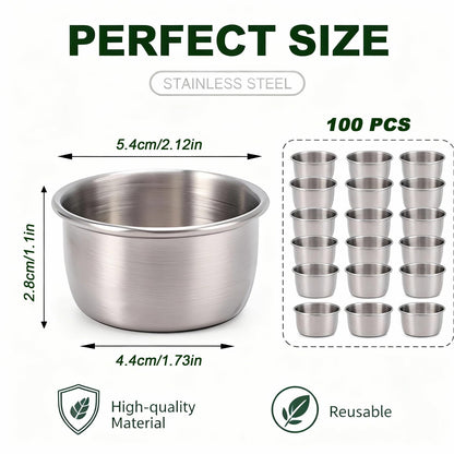 CathJune 100 Pcs 1.5 oz Stainless Steel Ramekins, Metal Dipping Sauce Cups, Small Condiment Cups for Kitchen, Restaurant, Camping, BBQ, Party and Seafood
