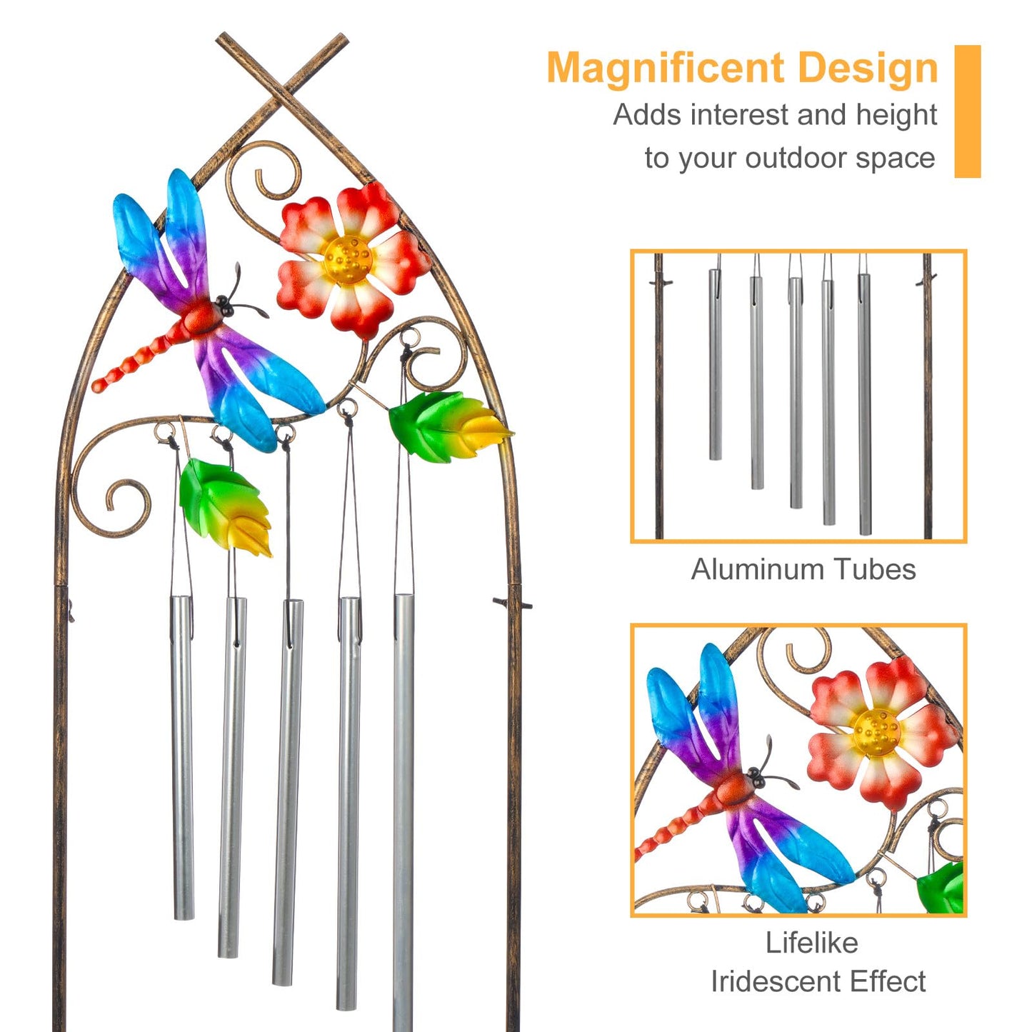 Garden Trellis with Plant Stands, 48” Metal Detachable Dragonfly Plant Pot Trellis with Wind Chimes for Climbing Plants Outdoor Lawn Patio Porches Decor