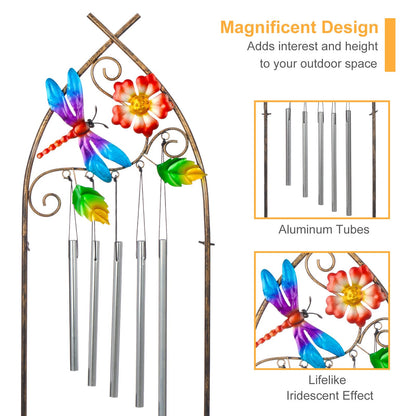 Garden Trellis with Plant Stands, 48” Metal Detachable Dragonfly Plant Pot Trellis with Wind Chimes for Climbing Plants Outdoor Lawn Patio Porches Decor