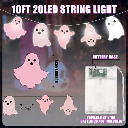 Ganeen Halloween Pink Ghost Decorations Halloween Pink Ghost String Lights 10 ft 20 LED Hanging LED Lights Battery Operated for Home Party Indoor Outdoor Cute Decor