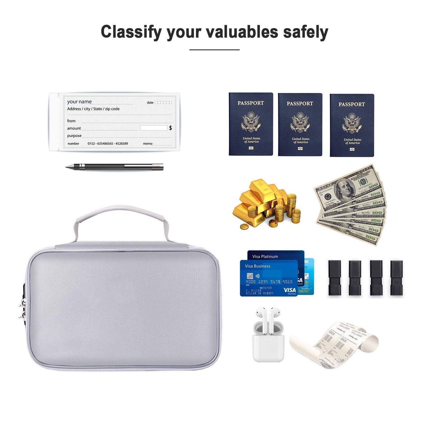 ENGPOW Small Fireproof Storage Organizer Case with Lock(9”x 5.3”x 3.7”), Soft Money Safe Coin Organizer Wallet Bag for Cash,Card,Passport,Check,Bill,Travel Home Organizer Carrying Case,Silver