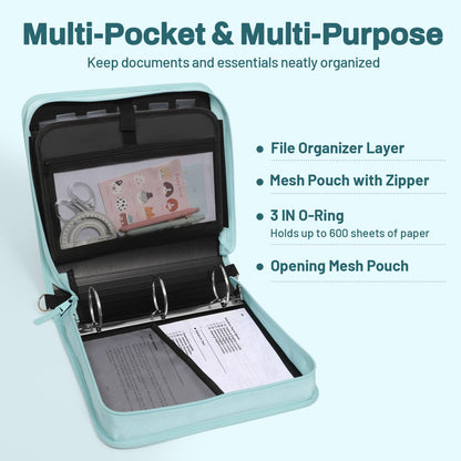 SUNEE Zipper Binder 3 Ring, 3 Inch O-Ring with Handle and Shoulder Strap, 600-Sheet Capacity, 5-Tab Expanding File Folder, Multi-Pockets for Middle School Organizer Binder with Zipper, Sky Blue