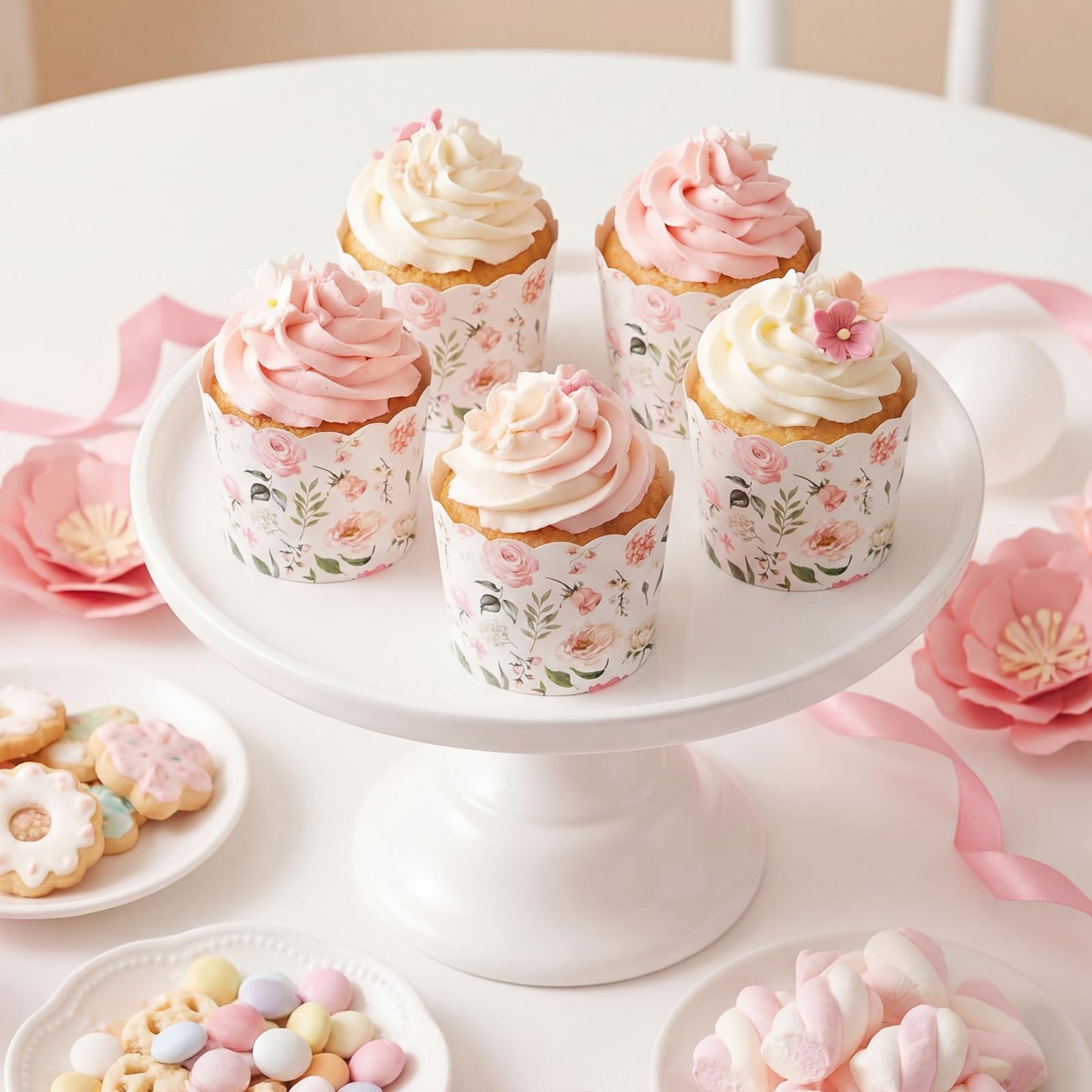 Qinyoung 150 Pcs Pink Floral Cupcake Wrappers Liners Rose Paper Baking Cups Greaseproof Disposable Scalloped Flower Cupcake Muffin Cases for Spring Summer Wedding Baby Shower Birthday Tea Party Decor