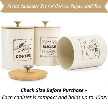 Youeon Metal Canisters Sets for the Kitchen, 40 Oz Coffee Sugar Tea Container Set, Farmhouse Style, Food Storage Containers with Lids for Countertop, Cabinet, Coffee Bar Decor, Beige