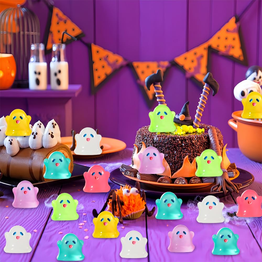 Vellibring 145pcs Halloween Luminous Mini Resin Ghost Figurines Glow in The Dark Cute Miniature Ghost Statue Micro Landscape Accessories for Halloween Party Favors Dollhouse Decorations