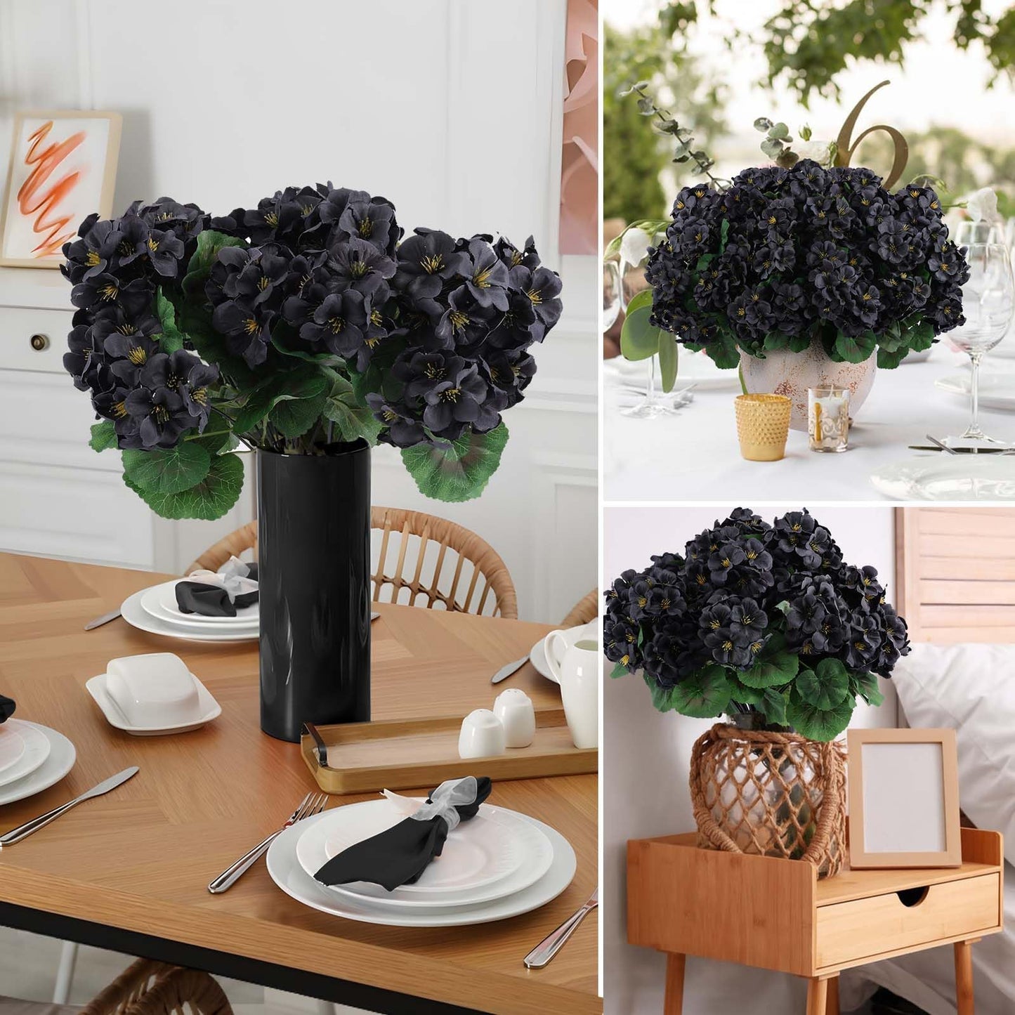 Hananona 6 Pcs Artificial Geranium Flowers for Outdoors Geranium Silk Flowers Outdoor UV Resistant Garden Plants Faux Black Flower for Home Kitchen Halloween Table Centerpieces Decor (6, Black)