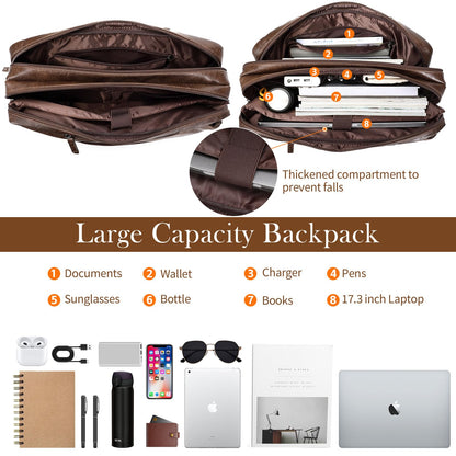 Faux Leather Messenger Bag for Men 17-17.3 Inch: Convertible 3 in 1 Backpack Laptop Bag Briefcase Computer Handbags Shoulder Crossbody Bag with Padded Laptop Sleeve for Work College Travel, PU Coffee