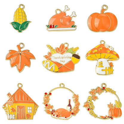 Ipotkitt 18pcs 9 Styles Thanksgiving Themed Enamel Charms Leaf Pumpkin Metal Charms Autumn Forest Hanging Ornaments for DIY Craft Bracelet Key Jewelry Making