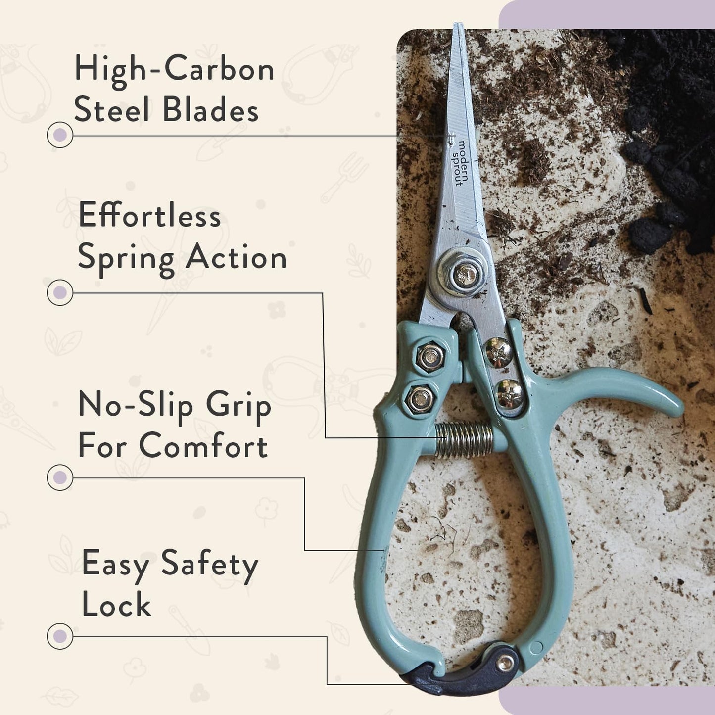 Modern Sprout Pruning Shears - Herb Snipping Scissors- Lightweight Gardening Tools W/Easy Lock - Flower Cutter Garden Shears - Carbon Steel Blade + Reusable Holster (Lavender, 1-Pack)