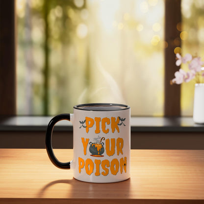 Pick Your Poison, Halloween Host Bartender Trainer Doctor Ceramic Mug, Black/White