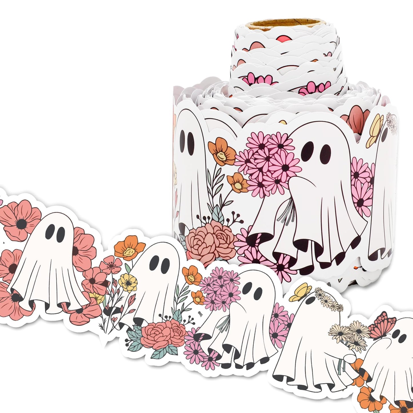 Whaline 65Ft Halloween Bulletin Board Border Cute Floral Ghost Die Cut Trim Border Roll for Home Party Classroom Chalkboard Decoration