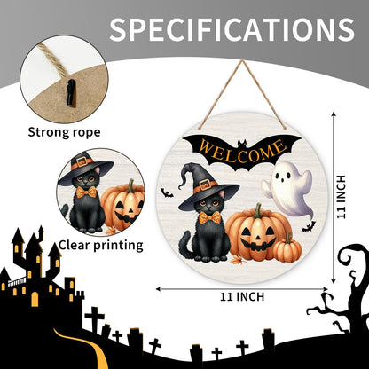 Halloween Welcome Sign, Bat Wooden Front Door Hanger Decorations, Pumpkin Ghost Signs Hanging Wall Decor for Porch Farmhouse Indoor, Halloween Party Supplies-04