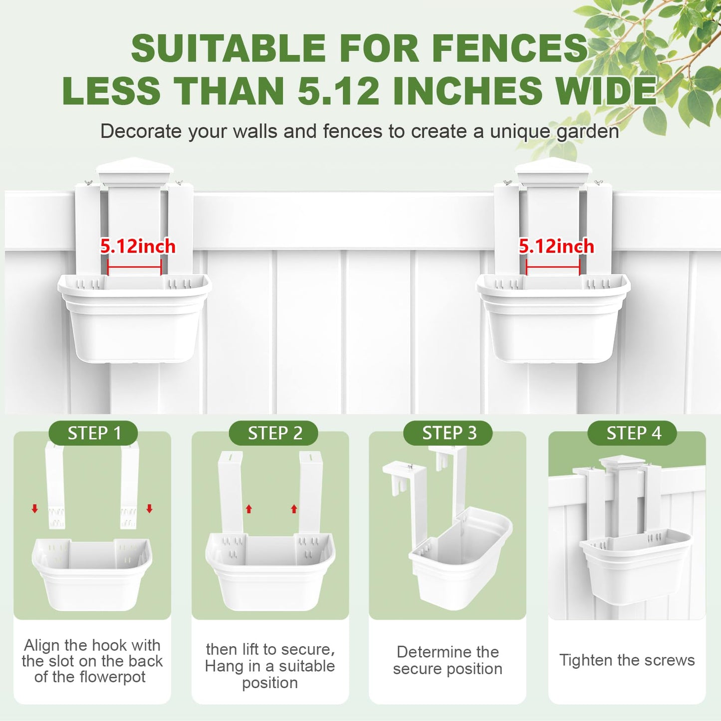 SprintGy 4 Pack Fence Post Planter for 5x5 PVC Fence Posts, 15.75 Inch Fence Hanging Planters for Outdoor Plants, Easy Install, White Flower Pots for Deck Railing Garden Yard Decor