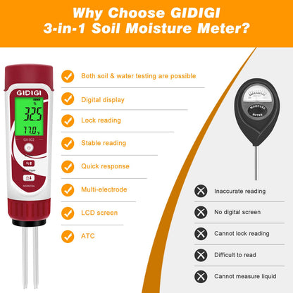 GIDIGI Moisture Meter for Plants, 3 in 1 Digital Soil Moisture Meter，Soil Moisture Meter and Soil EC Meter for Farms, Gardens, Orchards, Home Planting, Indoor Plants, Composting and Other Scenarios