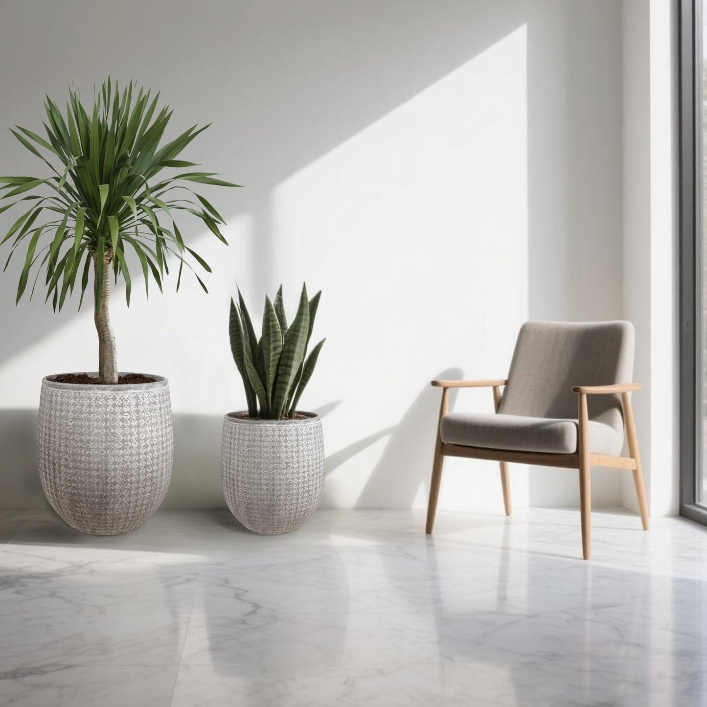 Worth 12" and 14.5" Round Planters, Lightweight Magnesium Oxide Cement Plant Pot, Raised Pattern Concrete Look with Drainage Hole, Grey