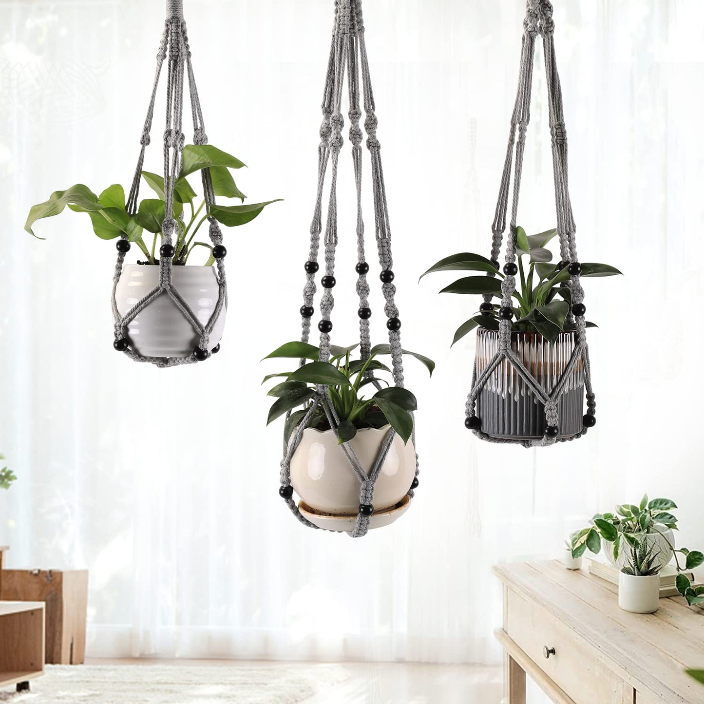 MKO SHUN 3-Pack Macrame Plant Hanger Indoor - Hanging Planter Basket for Indoor Outdoor - Decorative Boho Plant Holders Set with Beads - Ceiling Flower Pot Holder with 6 Hooks - 35"/30"/24" Gray