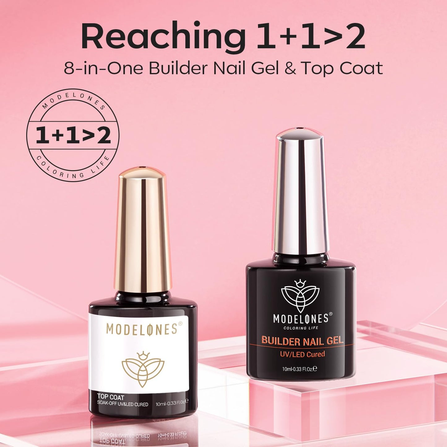 modelones Builder Nail Gel with Gel Top Coat, 3Pcs Clear Builder Nail Kit for Thickening Apex Building Extension Rhinestone Gel Tips Glue, U/V LED Lamp Cured for Home DIY Salon Girls