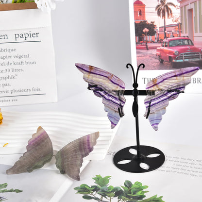 JIC Gem Rainbow Fluorite Crystal Butterfly Art Angel Wings Sculpture Carving,Healing Crystal Butterfly Ornaments Energy Decorative Stone Reiki Gifts (1pair, 10cm)