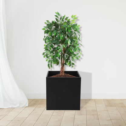 Takywep Large Metal Planter Box, 26" L x 26" W x 26" H, Black Heavy Duty Steel Square Outdoor Patio Garden Planter Box, with Drainage Hole and Removable Insert Shelf for Tall Plants Flowers Trees