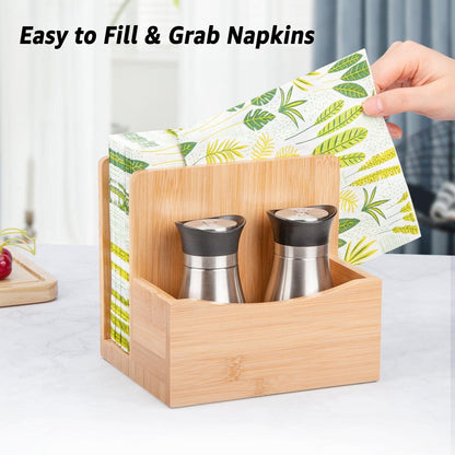 MOLEDINO Bamboo Salt Pepper Napkin Holder Set for Kitchen Dining Table, Natural Napkin Holder Stand with Salt Pepper Caddy Restaurant Lunch Organizer