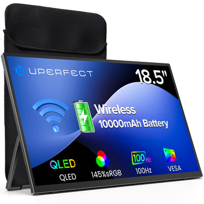 UPERFECT Wireless Portable Monitor with Battery 10000mAh, 18.5" 1080P FHD 100Hz 145% sRGB QLED Gaming Monitor with Stand, Bag & VESA, Large Second Screen for Laptop, Computer, Phone, Game Consoles