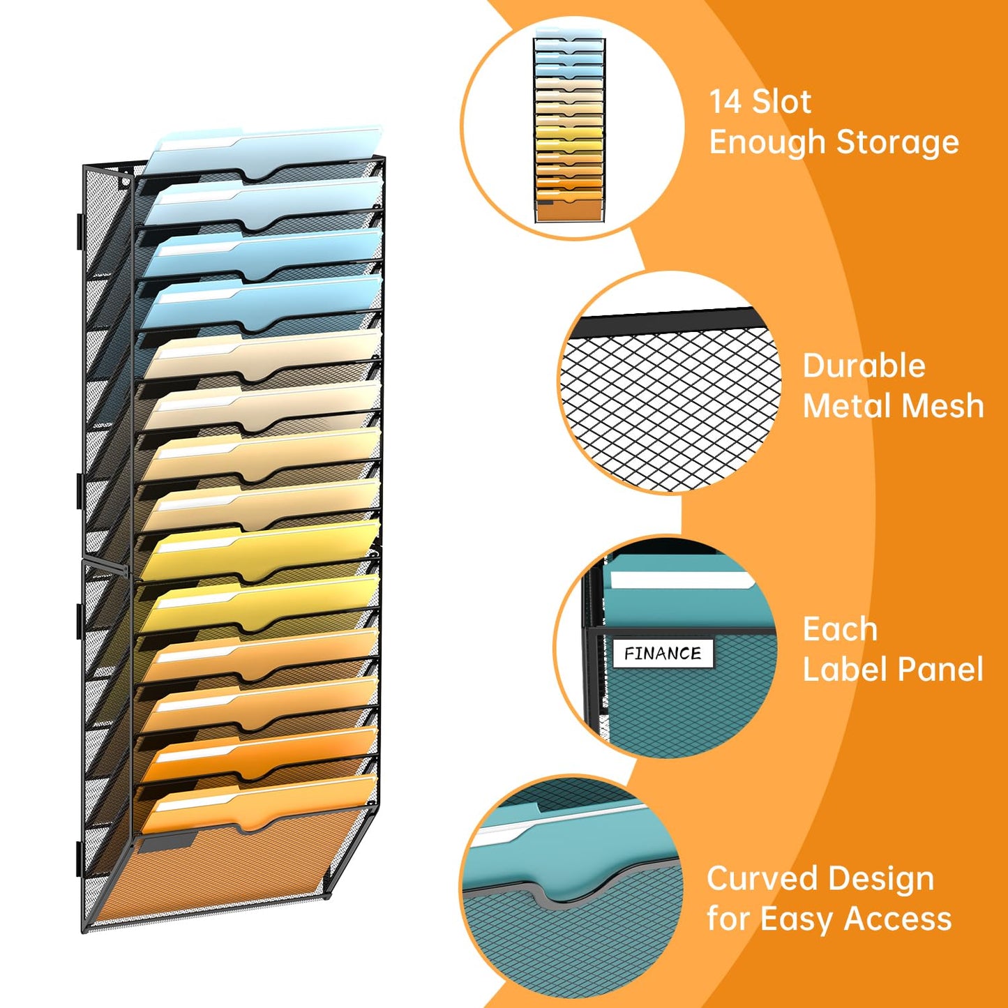 SUPEASY 14 Tier Wall File Organizer, Hanging Wall Mounted Mail Organizer with Label Slots, Metal Mesh File Holder Magazine Rack for Office, Home, School or Classroom, Black