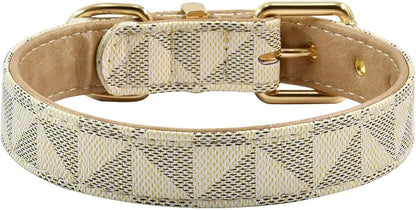 Leather Dog Collar and Leash Set, Check Pattern Dog Collar Leashes Metal Buckle Adjustable Durable for Small Medium Large Dogs (White, XL(18-22IN))