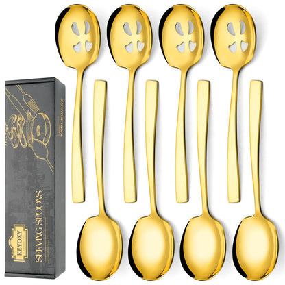 Keyoxy 8 Piece Stainless Steel Serving Spoons Set - 4 Large, 4 Slotted, 9.2-Inch, Dishwasher Safe, for Parties/Kitchen/Buffet/Catering,Gold