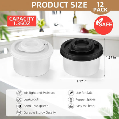 Acellegic 12 Pack Mini Salt and Pepper Shakers Moisture Proof Set Lids Plastic Airtight Dispenser for Camping Picnic Outdoors Kitchen Lunch Boxes Travel Spice(Black,White)